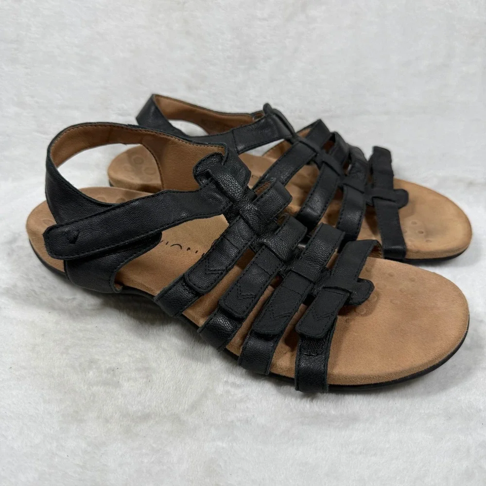 Vionic Amber Black Leather Adjustable Strappy Orthaheel Comfort Sandals Womens 9